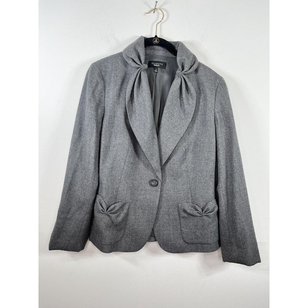 Talbots Blazer Womens 8 Gray Wool Blend Shawl Collar Bow Detail One Button